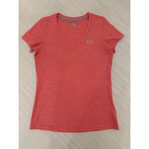 Under Armour Shirt Womens Medium Pink Short Sleeve V Neck Semi Fitted Heat Gear